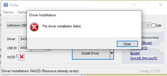 zadig driver installation failed resource already exists